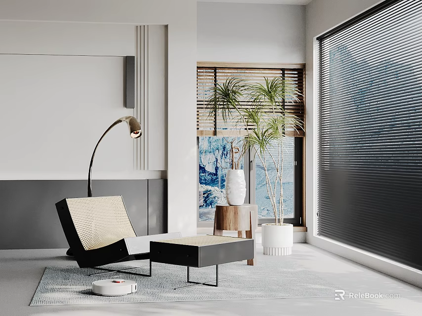 Modern Rattan Leisure Chair With Side Table Floor Lamp And Potted Plant In Bright Room 3d model 