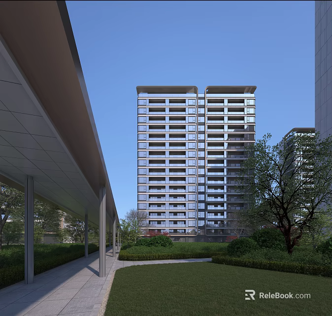 Modern High Rise Residential Building With Green Lawn Trees And Canopy Walkway 3d model 