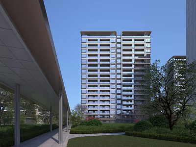 Modern High Rise Residential Building With Green Lawn Trees And Canopy Walkway 3d model