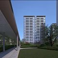 Modern High Rise Residential Building With Green Lawn Trees And Canopy Walkway