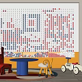 Colorful Building Blocks Wall in Children's Playroom with Chairs Table Toys and Rabbit Doll