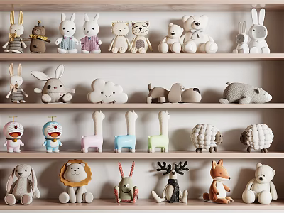 Cute Soft Plush Stuffed Toys With Various Animal Shapes On Wooden Display Shelves 3d model