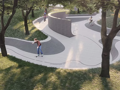 Scenic Park Landscape Featuring Curved Pathways Trees Grass And Skateboarding Area 3d model