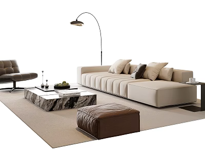 Modern Fabric Sofa and Marble Coffee Table Set With Floor Lamp Accent Chair and Ottoman 3d model