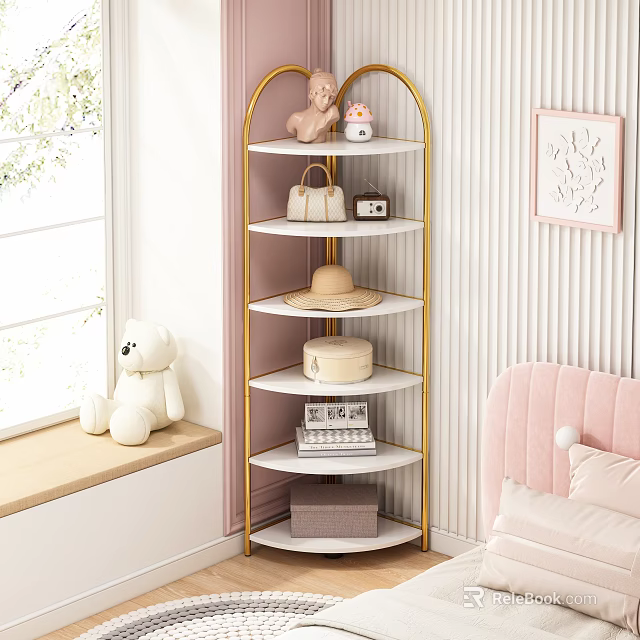 Modern Tiered Storage Shelf with Gold Frame White Shelves Stuffed Toys Books in Bedroom 3d model 