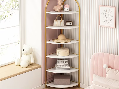 Modern Tiered Storage Shelf with Gold Frame White Shelves Stuffed Toys Books in Bedroom 3d model
