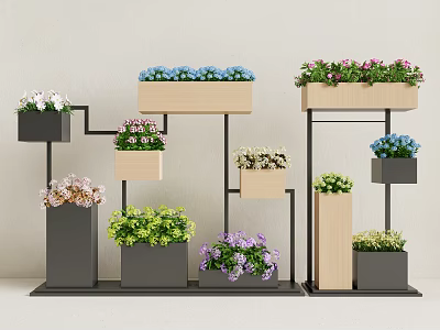 Multi Tiered Wooden And Metal Stands Displaying Colorful Potted Plants With Mixed Flowers Indoor 3d model