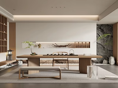 Modern Tea Room Interior Design With Wooden Long Table Stone Wall And Green Plants 3d model