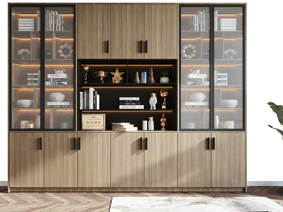 Modern Wooden Bookcase With Glass Doors And Decorative Books Vases Interior 3d model