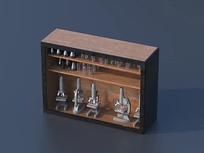 Sideboard With Wooden Top Black Frame Open Shelves Glass Cups And Microscope Models 3d model