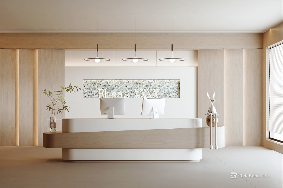 Modern Reception Area With White Desk Hanging Lights Wall Art And Green Plants 3d model 