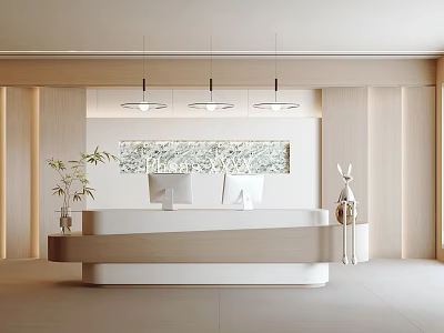 Modern Reception Area With White Desk Hanging Lights Wall Art And Green Plants 3d model