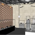 Modern Art Gallery With Curved White Walls Black Framed Pink Artworks And Pedestals