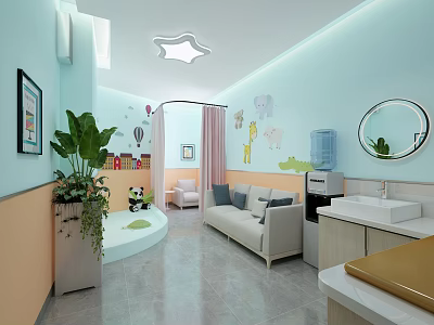 Children Playroom With Light Blue Walls Star Shaped Lamp Animal Decor Sofa And Sink 3d model