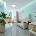 Children Playroom With Light Blue Walls Star Shaped Lamp Animal Decor Sofa And Sink