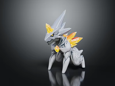 White Dragon Like Creature Model With Yellow Crystal Spikes And Crouching Stance 3d model