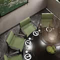 Modern Private Dining Room With Round Table And Green Chairs 3d model