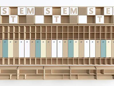 Wooden Bookcase with STEM Letters Colored Folders and Storage Compartments 3d model