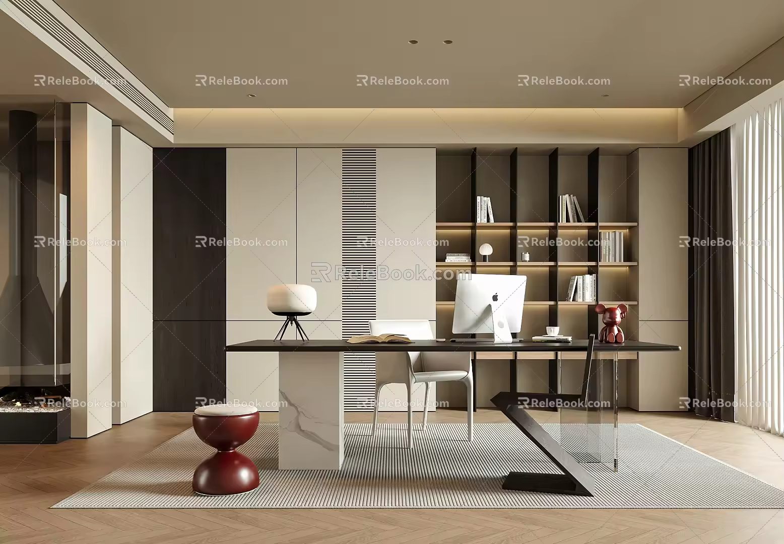 Study Desk and Chair Stool Bookcase Desk Lamp Computer 3d model