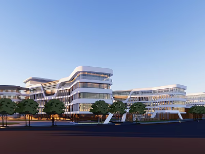 Modern Multi Storey School Building With Glass Facades And Surrounding Campus Trees 3d model