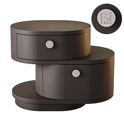 Modern Round Bedside Table With Two Drawers Wooden Texture And White Knobs 3d model