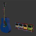 Studio Display of Blue Acoustic Guitar and Red Art Supply Case with Paint Boxes