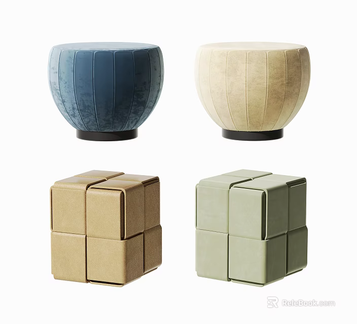 Modern Stools With Round And Square Shapes In Blue Beige Brown Green Upholstered Fabric 3d model 