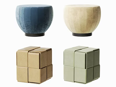 Modern Stools With Round And Square Shapes In Blue Beige Brown Green Upholstered Fabric 3d model