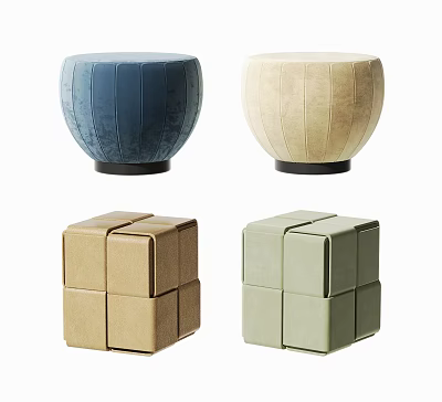 Modern Stools With Round And Square Shapes In Blue Beige Brown Green Upholstered Fabric 3d model