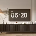 Modern Dark TV Stand With Vertical Stripes Vase Books Tea Set And Floor Lamp