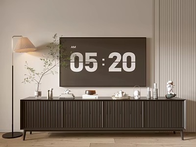 Modern Dark TV Stand With Vertical Stripes Vase Books Tea Set And Floor Lamp 3d model