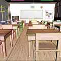 Bright School Classroom Interior Featuring Wooden Desks Chairs Blackboard Wall Clock And Windows