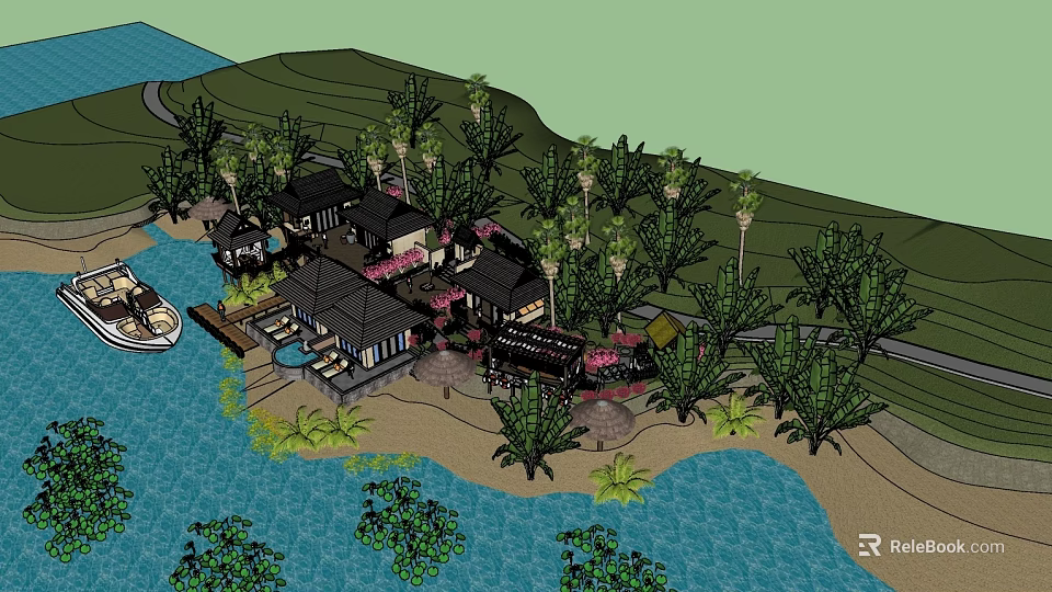 Scenic Waterfront Vacation Rental Building with Palm Trees and Sandy Beach 3d model 