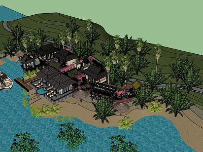 Scenic Waterfront Vacation Rental Building with Palm Trees and Sandy Beach 3d model