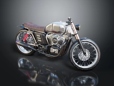 Vintage Silver Metallic Motorcycle With Brown Leather Seat And Spoke Wheels 3d model