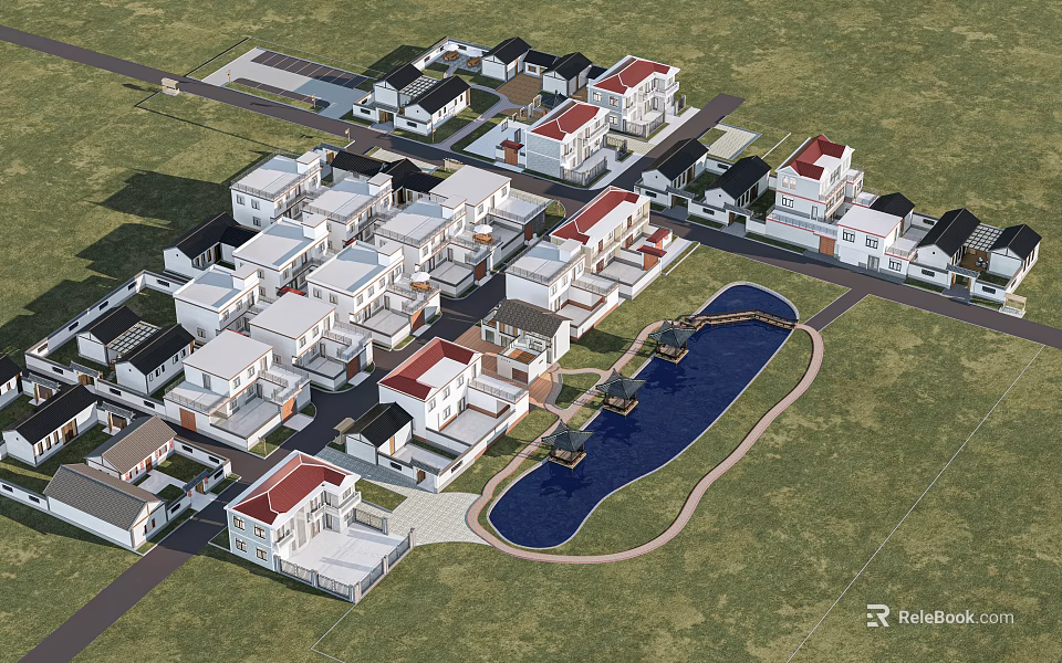 Aerial View Of Residential Community With Houses Pond And Green Spaces 3d model 