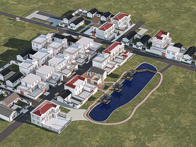 Aerial View Of Residential Community With Houses Pond And Green Spaces 3d model