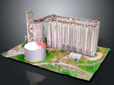 Tall Cylindrical Silos Storage Building With Round Red Roof Tank Green Grass Dirt Path 3d model