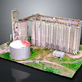 Tall Cylindrical Silos Storage Building With Round Red Roof Tank Green Grass Dirt Path