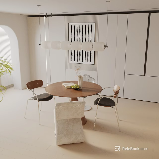 Modern Round Wooden Dining Table Set with Metal Leg Chairs Vase Flowers Striped Wall Art 3d model 