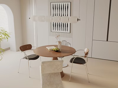 Modern Round Wooden Dining Table Set with Metal Leg Chairs Vase Flowers Striped Wall Art 3d model