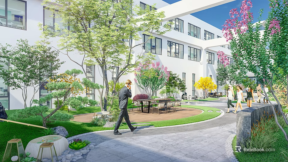 Modern Office Landscape With White Building Exterior Windows Lush Greenery Courtyard Lawn Seating Area 3d model 