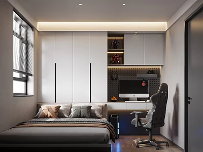 Tatami Bedroom Interior Design With Tatami Bed Desk Office Chair And White Storage Cabinets 3d model