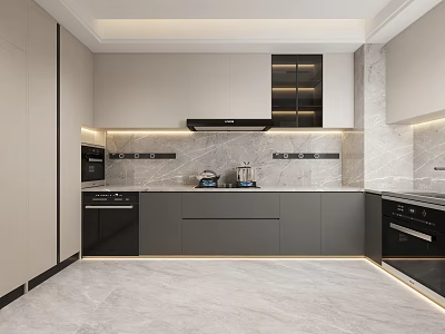 Modern Kitchen Interior Design With Gray White Cabinets Marble Countertop And Black Appliances 3d model