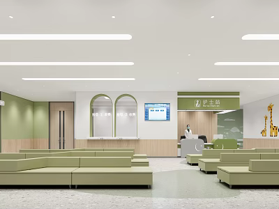Doctor Waiting Room Interior With Green Walls Beige Sofas And Reception Desk 3d model