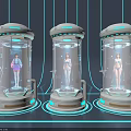 Futuristic Technology Exhibition Hall With Transparent Cylindrical Containers Humanoid Models And Blue Lighting