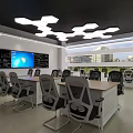 Modern Office Interior Featuring Two Desks Computers White Black Chairs Hexagonal Pendant Lights 3d model