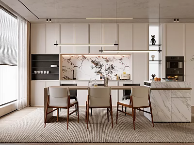 Modern Elegant Restaurant Interior With Marble Dining Table Wooden Chairs And Pendant Lights 3d model