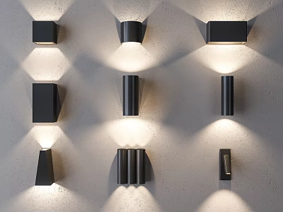 Modern Black Wall Lamps With Different Designs And Lighting Effects On Wall 3d model