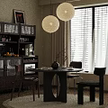 Modern Dining Table Set With Wooden Table Chairs Wine Cabinet Pendant Lights And Window Blinds